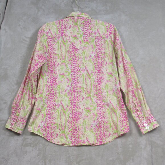Ariat Women’s Size L Long Sleeve Pink Pearl Snap Western Shirt Pink/Green - Picture 2 of 10